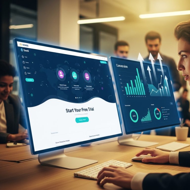 A stunning cinematic, award-winning photography shot related to SaaS Landing Pages: Free Trial Funnels That Convert, going to use for blog