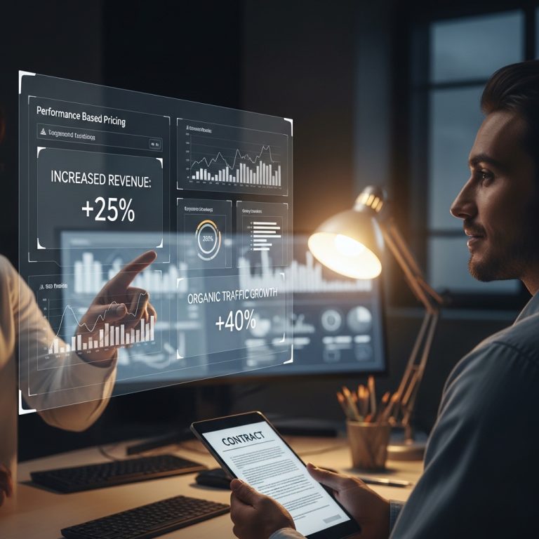 A stunning cinematic, award-winning photography shot related to How to Offer Performance-Based Pricing for SEO Clients, going to use for blog