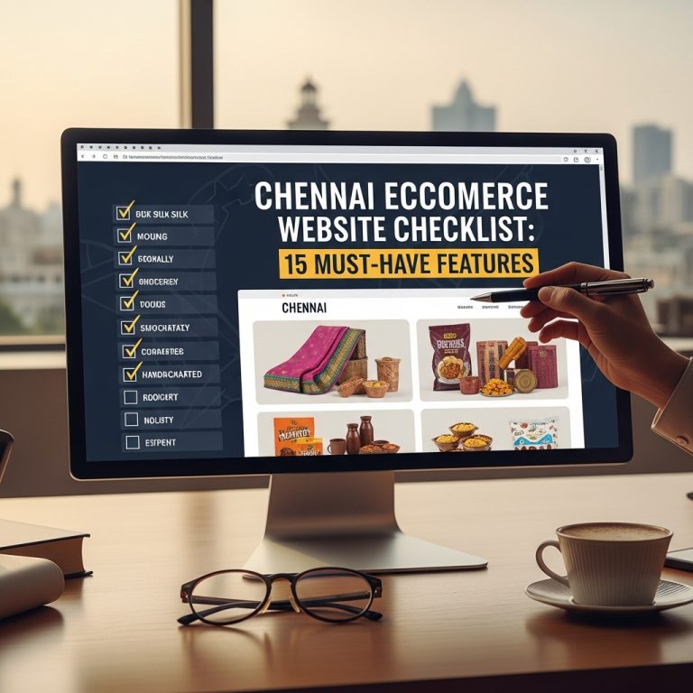 A stunning cinematic, award-winning photography shot related to Chennai eCommerce Website Checklist: 15 Must-Have Features, going to use for blog