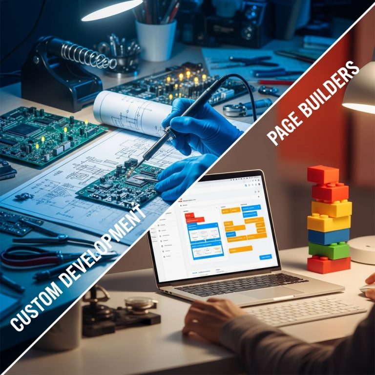 A stunning cinematic, award-winning photography shot related to When to Use Custom Development vs Page Builders, going to use for blog