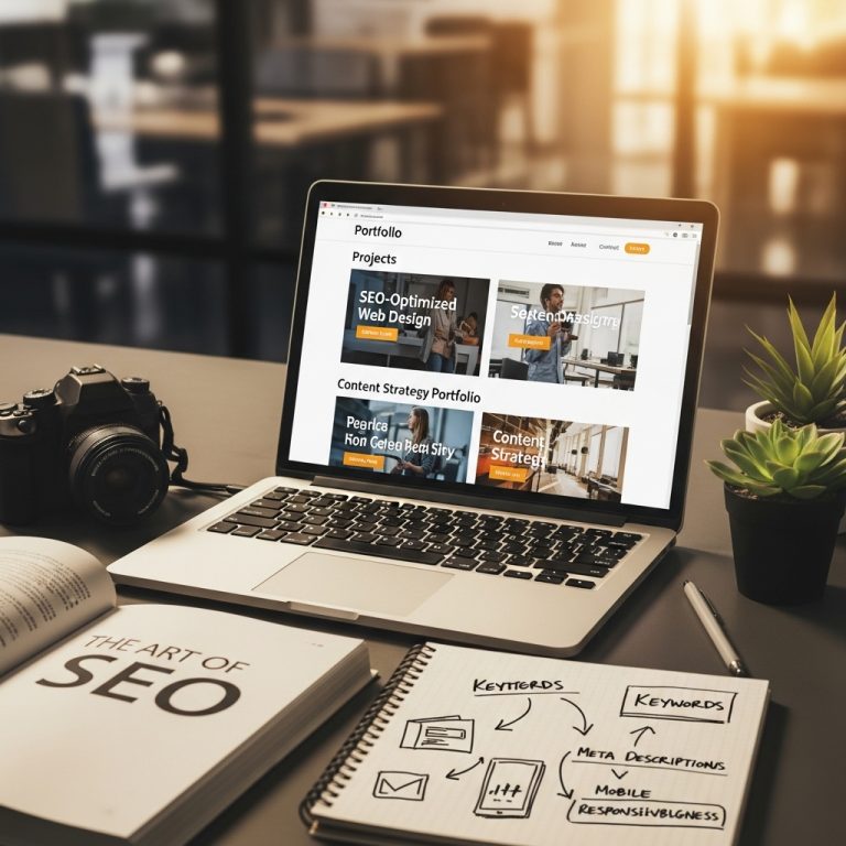 A stunning cinematic, award-winning photography shot related to How to Make an SEO-Ready Portfolio Page, going to use for blog