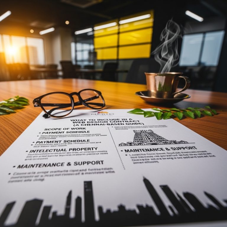 A stunning cinematic, award-winning photography shot related to What to Include in a Web Design Contract (Checklist): A Chennai‑Based Guide, going to use for blog