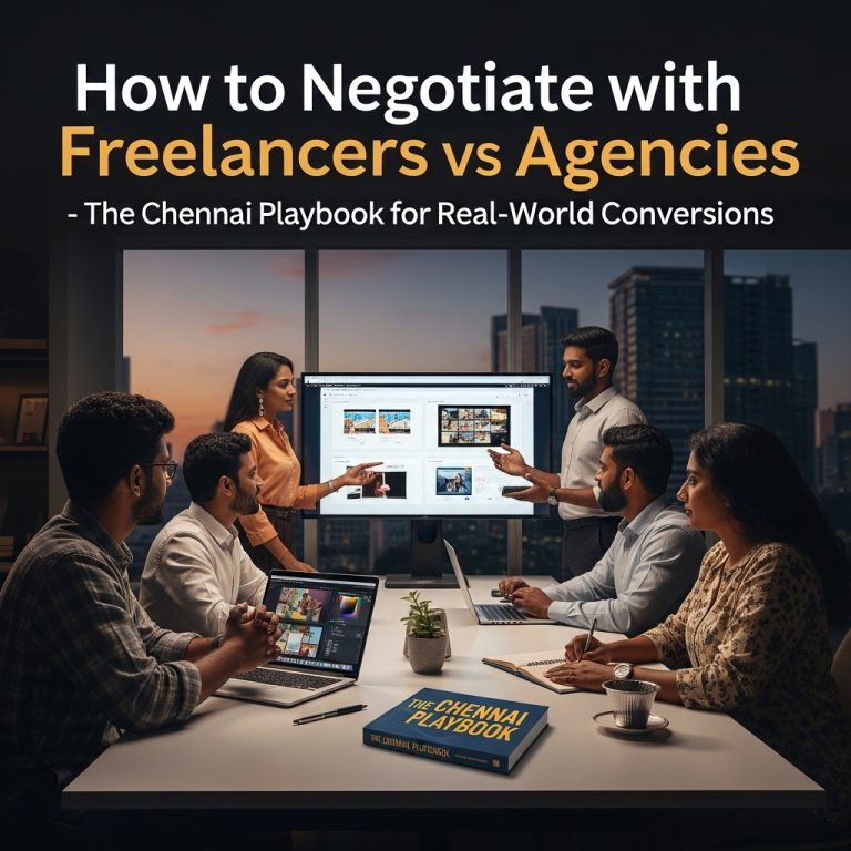 A stunning cinematic, award-winning photography shot related to How to Negotiate with Freelancers vs Agencies – The Chennai Playbook for Real‑World Conversions, going to use for blog