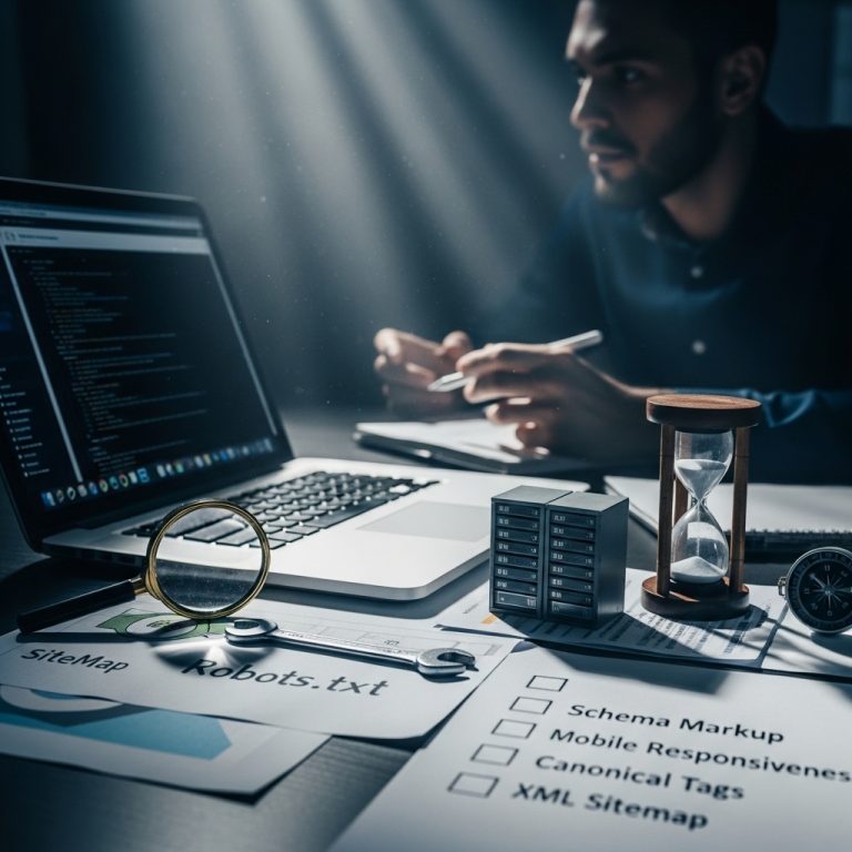 A stunning cinematic, award-winning photography shot related to Technical SEO Checklist for Web Designers, going to use for blog
