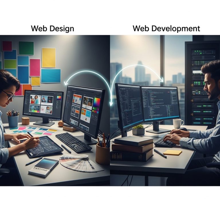 A stunning cinematic, award-winning photography shot related to Web Design vs Web Development in Chennai: Which Do You Need?, going to use for blog