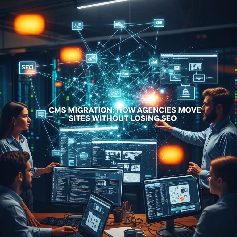 A stunning cinematic, award-winning photography shot related to CMS Migration: How Agencies Move Sites Without Losing SEO, going to use for blog