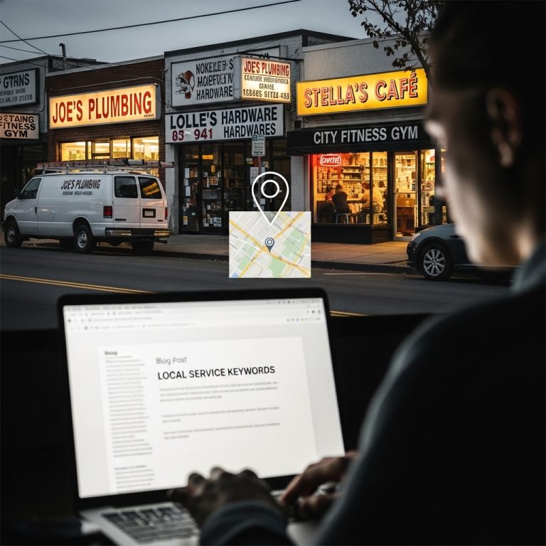 A stunning cinematic, award-winning photography shot related to How to Use Blog Content to Rank for Local Service Keywords, going to use for blog