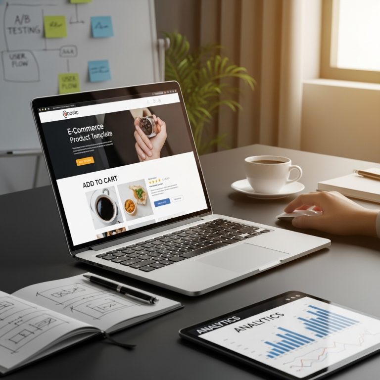 A stunning cinematic, award-winning photography shot related to How To Design High-Converting Product Pages for eCommerce, going to use for blog