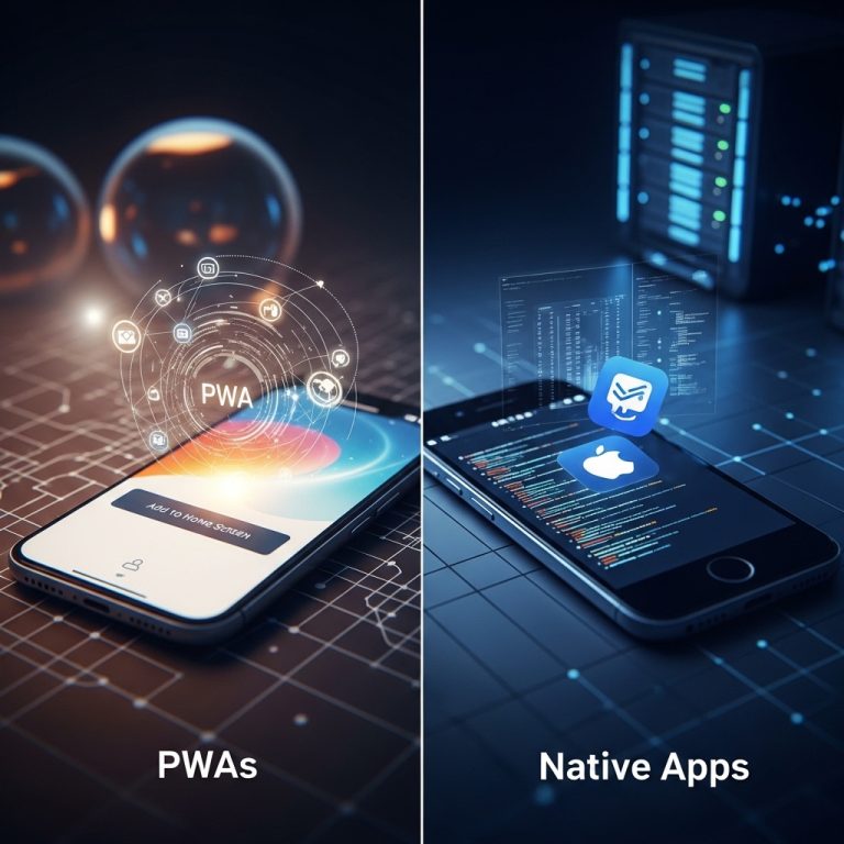 A stunning cinematic, award-winning photography shot related to Progressive Web Apps (PWA) vs Native Apps for Business, going to use for blog