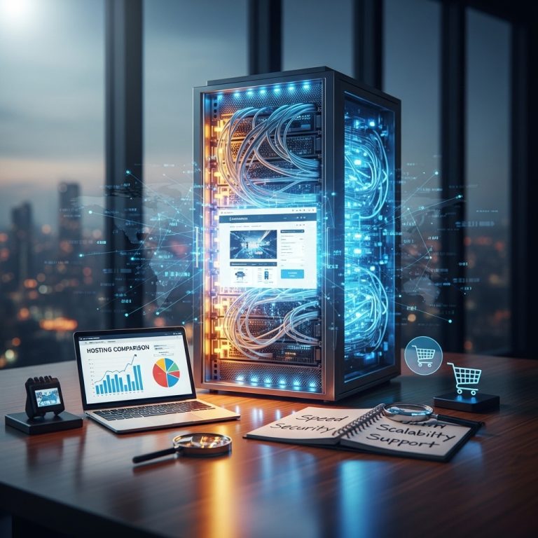 A stunning cinematic, award-winning photography shot related to How to Choose Hosting for eCommerce & Why It Matters, going to use for blog