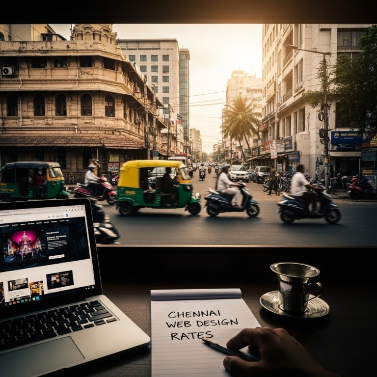 A stunning cinematic, award-winning photography shot related to How Much Do Web Design Agencies Charge in Chennai? – The Real Numbers, Real Stories, Real ROI, going to use for blog