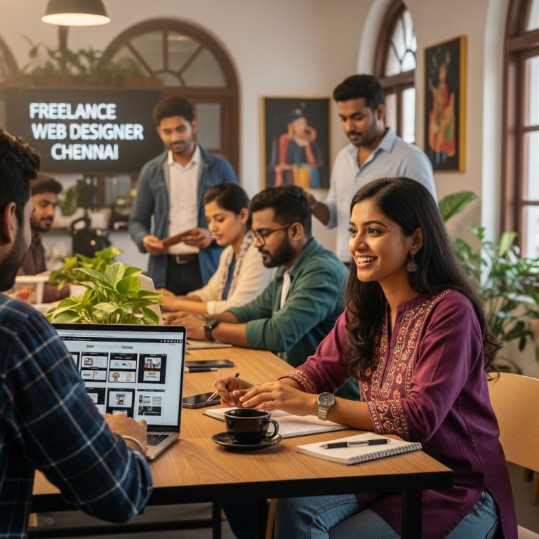 A stunning cinematic, award-winning photography shot related to How to Find a Reliable Freelance Web Designer in Chennai, going to use for blog