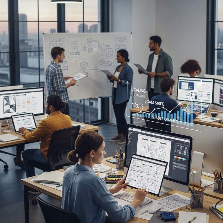 A stunning cinematic, award-winning photography shot related to How to Scale Your Web Design Team Without Losing Quality, going to use for blog