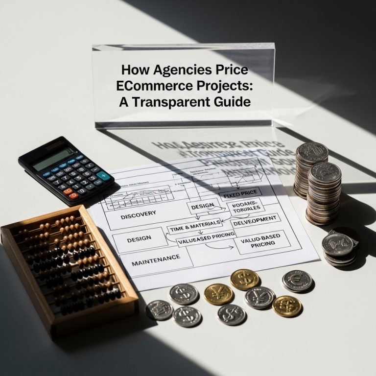 A stunning cinematic, award-winning photography shot related to How Agencies Price eCommerce Projects: A Transparent Guide, going to use for blog