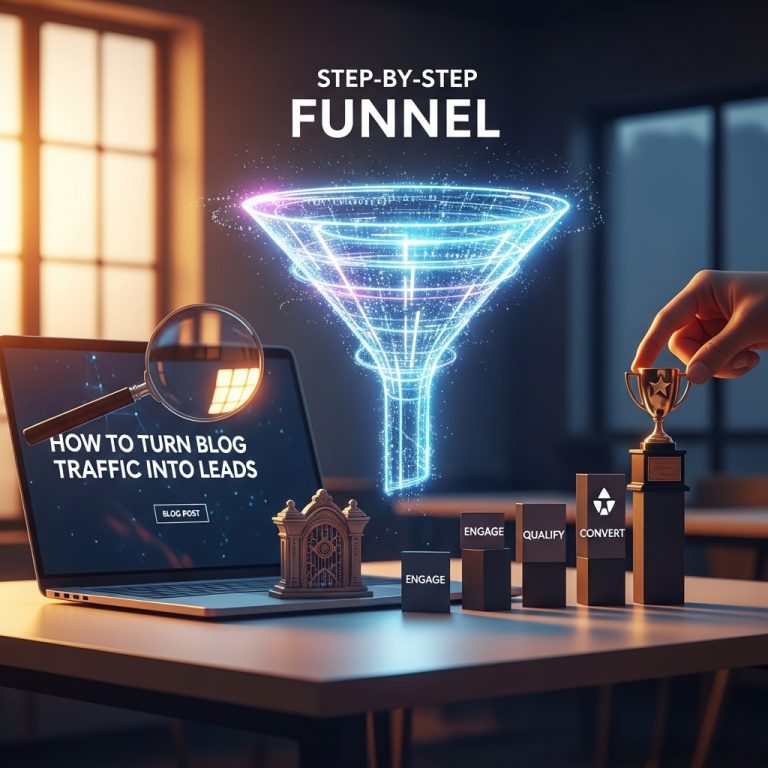 A stunning cinematic, award-winning photography shot related to How to Turn Blog Traffic into Leads: A Step-by-step Funnel, going to use for blog